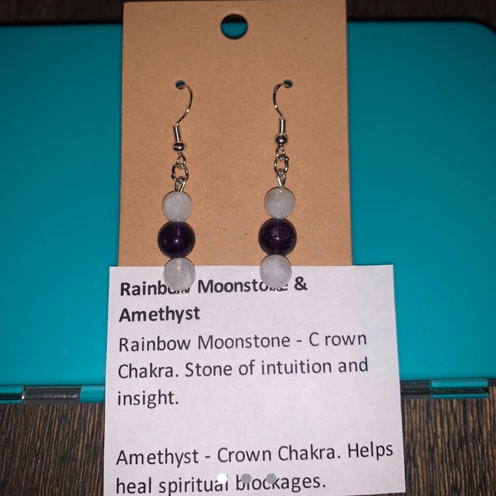 Rainbow moonstone and amethyst chakra earrings